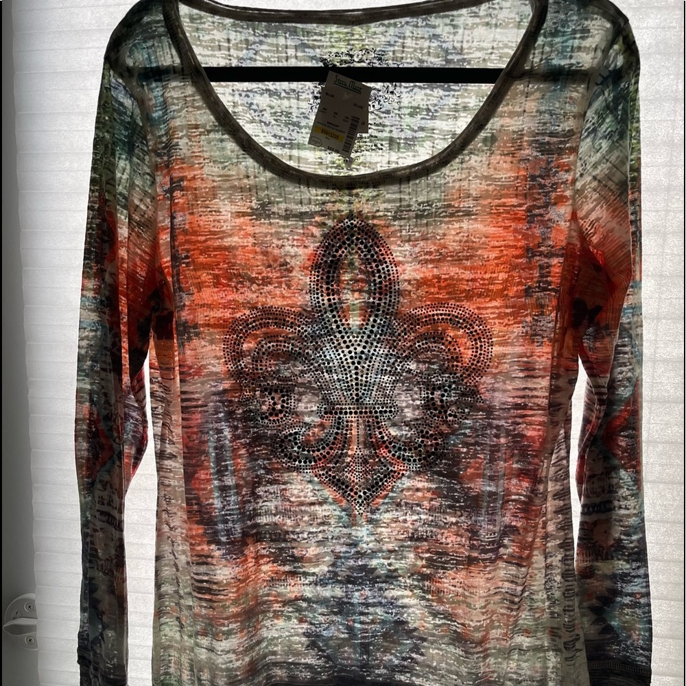 NWT Christina long sleeve burnout top with lace trim and embellishment